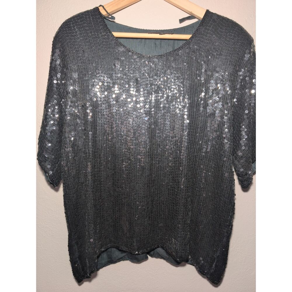 Royal Feelings Silk Sequin Black Party Rave Sparkle Cocktail Top Women L Vintage